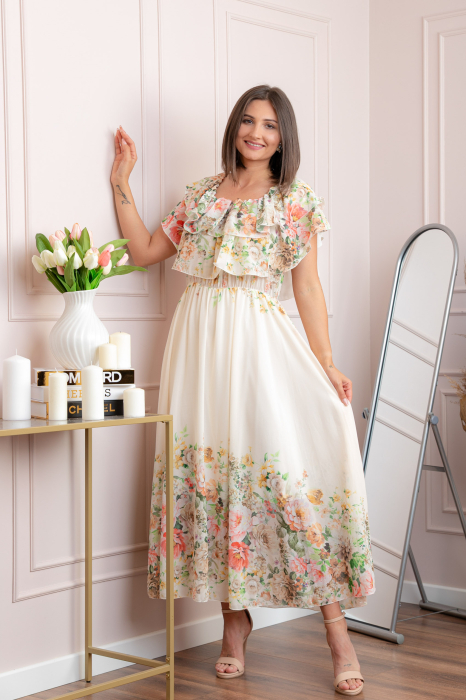 Rochie eleganta lunga Ayana cu imprimeri florale si volane ample - Ivoire [3]