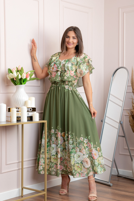 Rochie eleganta lunga Ayana cu imprimeri florale si volane ample - Kaki [3]