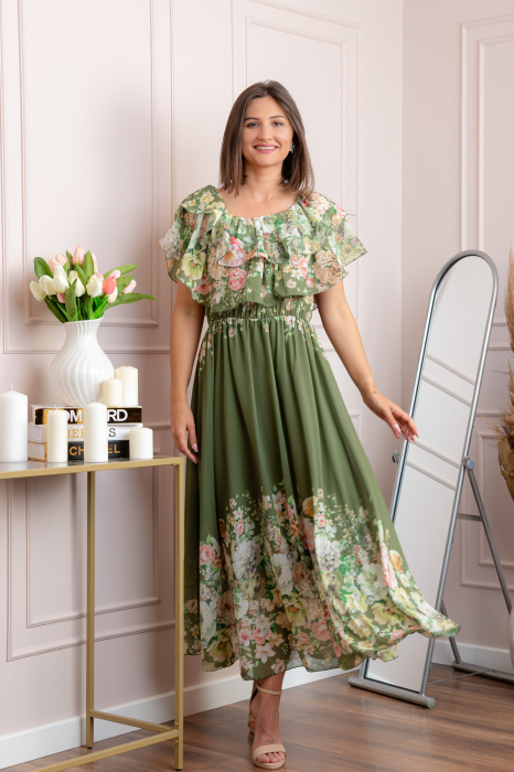 Rochie eleganta lunga Ayana cu imprimeri florale si volane ample - Kaki [4]