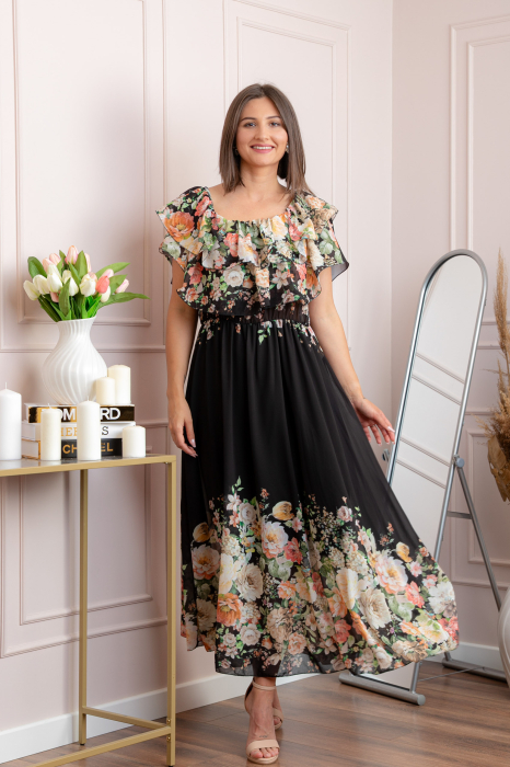 Rochie eleganta lunga Ayana cu imprimeri florale si volane ample - Negru [4]