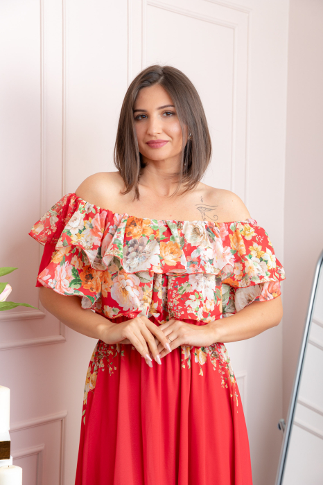 Rochie eleganta lunga Ayana cu imprimeri florale si volane ample - Rosu [2]