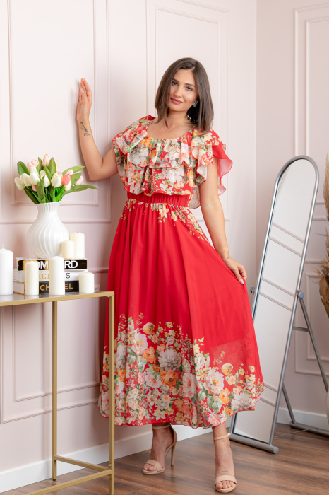 Rochie eleganta lunga Ayana cu imprimeri florale si volane ample - Rosu [3]
