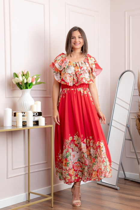 Rochie eleganta lunga Ayana cu imprimeri florale si volane ample - Rosu [4]