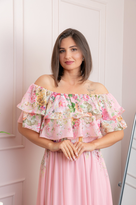 Rochie eleganta lunga Ayana cu imprimeri florale si volane ample - Roz pastel [2]