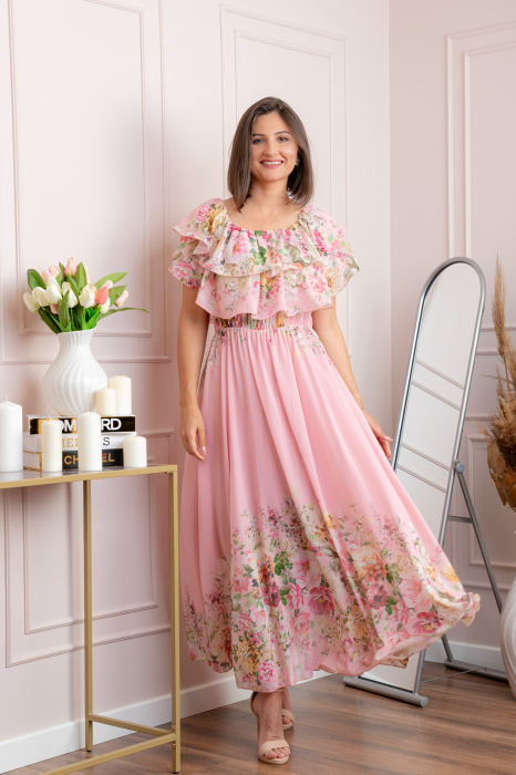 Rochie eleganta lunga Ayana cu imprimeri florale si volane ample - Roz pastel [4]