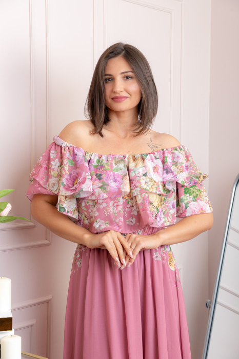 Rochie eleganta lunga Ayana cu imprimeri florale si volane ample - Roz pudrat [2]