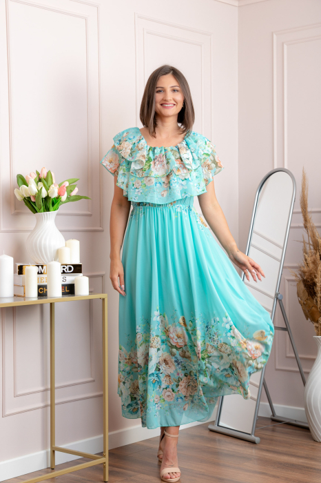 Rochie eleganta lunga Ayana cu imprimeri florale si volane ample - Turcoaz aqua [4]