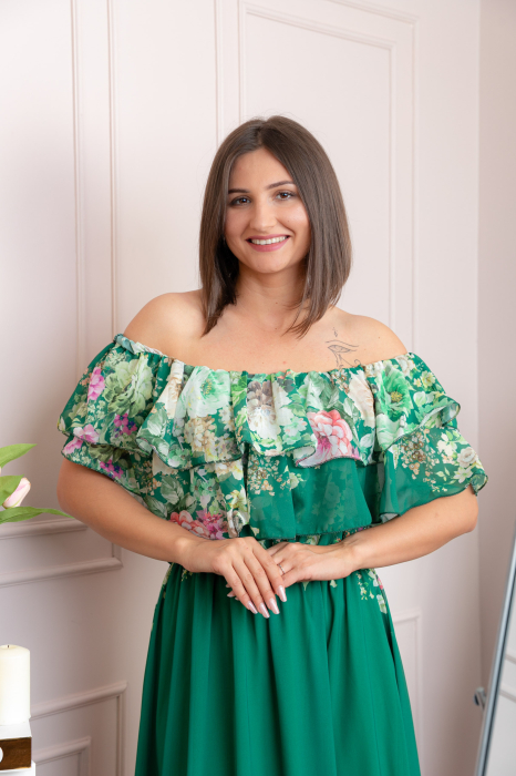 Rochie eleganta lunga Ayana cu imprimeri florale si volane ample - Verde [2]