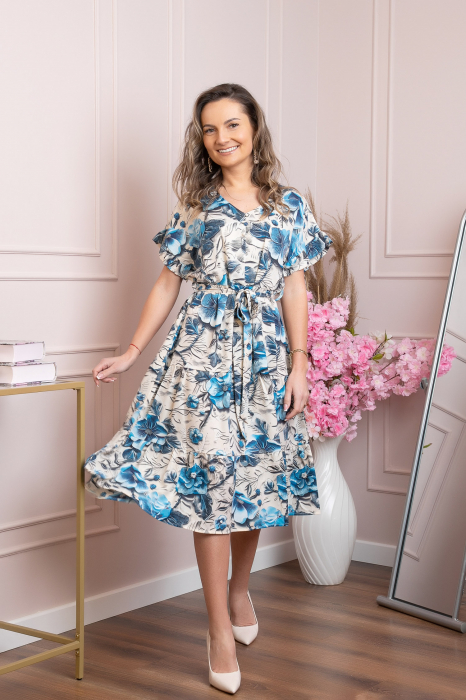 Rochie eleganta Maribel cu volanase si cordon in talie - Albastru [3]