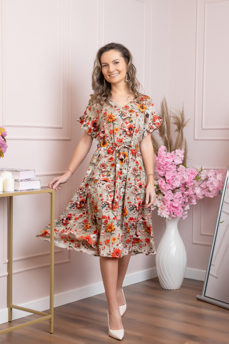 Rochie eleganta Maribel cu volanase si cordon in talie - Bej [3]