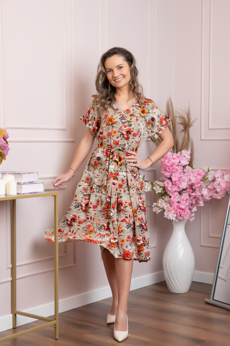 Rochie eleganta Maribel cu volanase si cordon in talie - Bej [4]