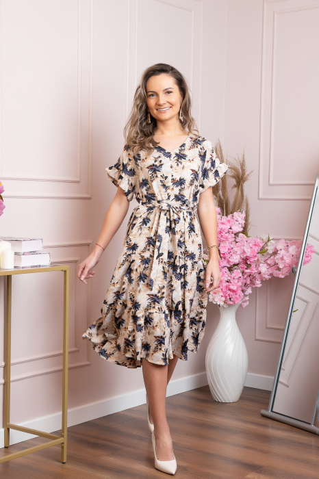 Rochie eleganta Maribel cu volanase si cordon in talie - Crem [3]