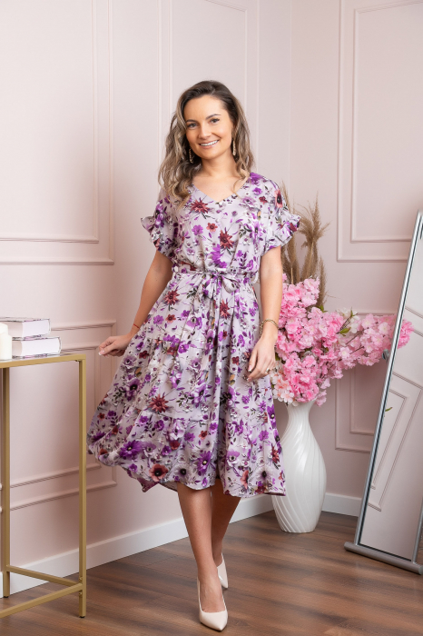 Rochie eleganta Maribel cu volanase si cordon in talie - Lila [3]