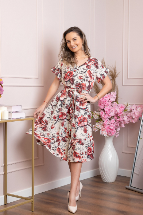 Rochie eleganta Maribel cu volanase si cordon in talie - Rosu [4]