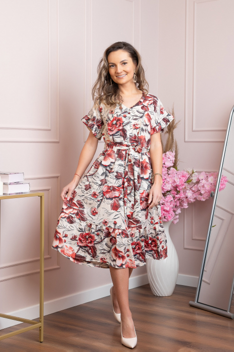 Rochie eleganta Maribel cu volanase si cordon in talie - Rosu [3]