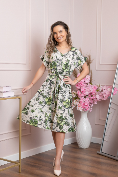 Rochie eleganta Maribel cu volanase si cordon in talie - Verde [4]