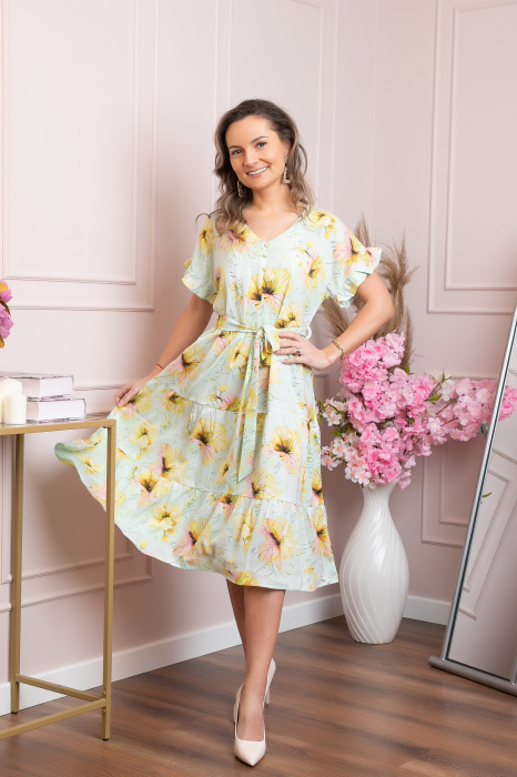 Rochie eleganta Maribel cu volanase si cordon in talie - Verde mint [4]