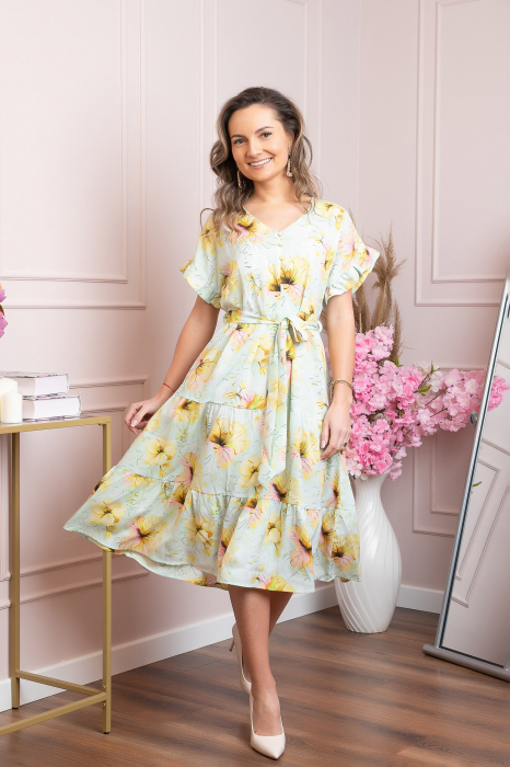 Rochie eleganta Maribel cu volanase si cordon in talie - Verde mint [3]