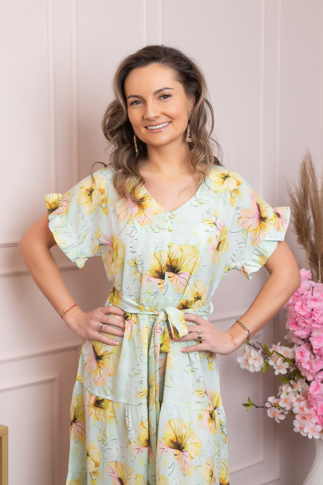 Rochie eleganta Maribel cu volanase si cordon in talie - Verde mint [2]