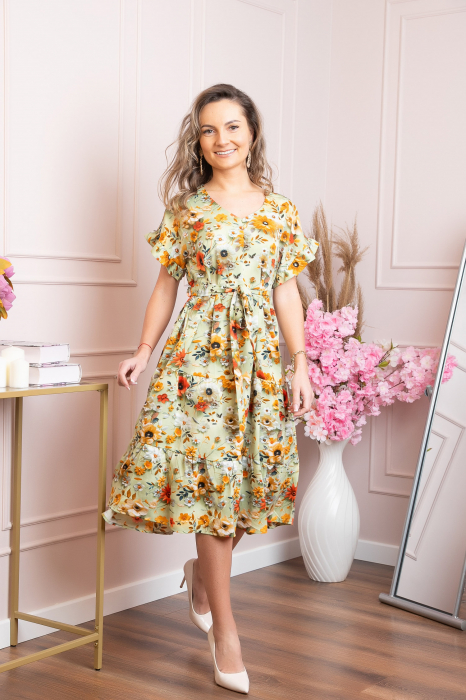 Rochie eleganta Maribel cu volanase si cordon in talie - Verde pastel [4]