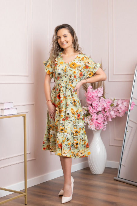 Rochie eleganta Maribel cu volanase si cordon in talie - Verde pastel [3]