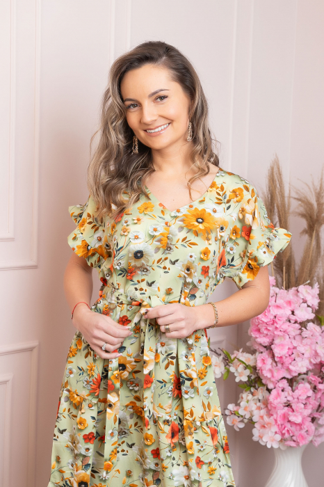 Rochie eleganta Maribel cu volanase si cordon in talie - Verde pastel [2]