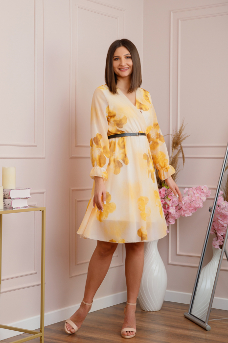 Rochie eleganta Melody din voal cu imprimeu floral galben si bust petrecut [4]