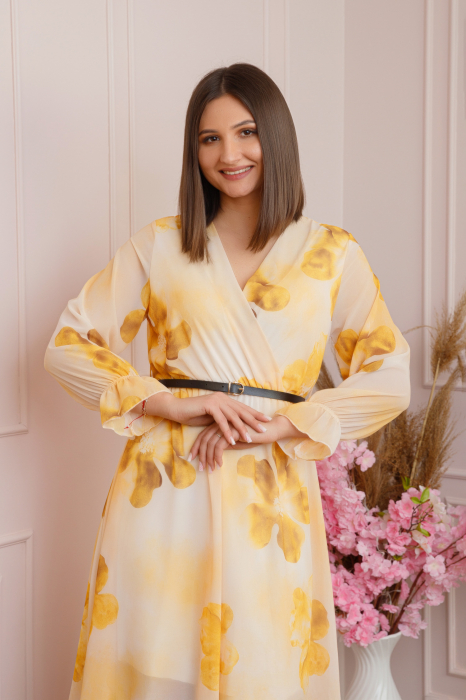 Rochie eleganta Melody din voal cu imprimeu floral galben si bust petrecut [2]