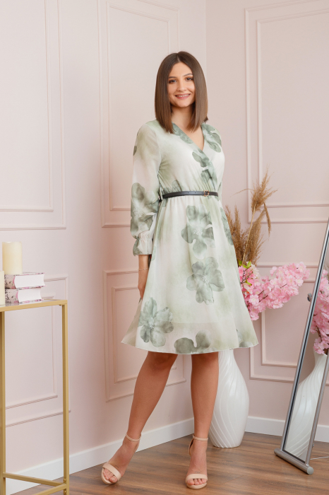 Rochie eleganta Melody din voal cu imprimeu floral verde pastel si bust petrecut [3]