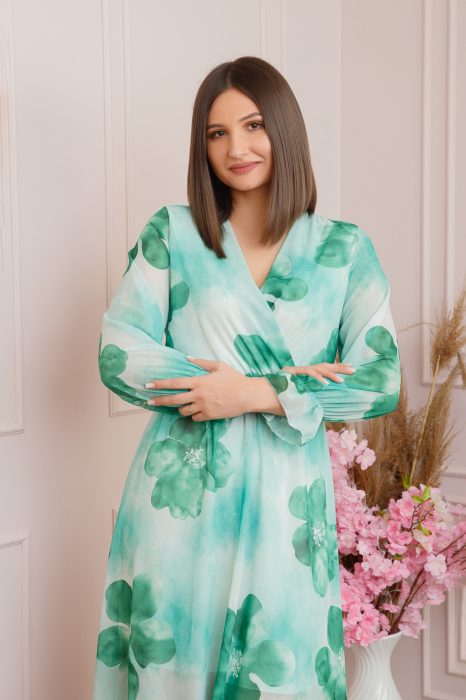 Rochie eleganta Melody din voal cu imprimeu floral verde si bust petrecut [2]