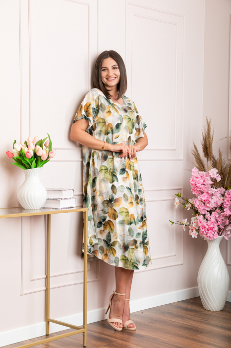Rochie eleganta Mirabelle cu imprimeu floral - Alb cu verde [3]