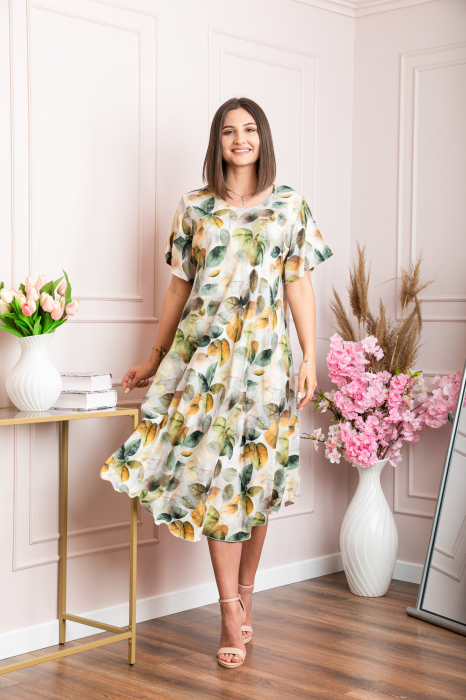 Rochie eleganta Mirabelle cu imprimeu floral - Alb cu verde