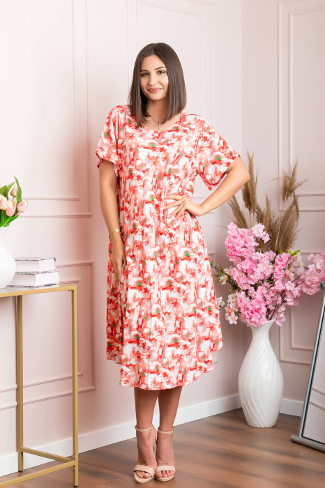 Rochie eleganta Mirabelle cu imprimeu floral - Corai cu alb [4]
