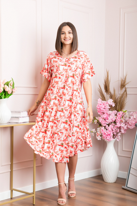 Rochie eleganta Mirabelle cu imprimeu floral - Corai cu alb