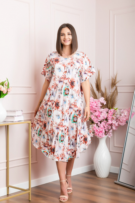 Rochie eleganta Mirabelle cu imprimeu floral - Crem cu caramiziu