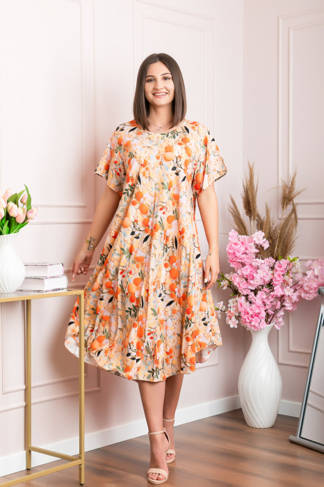 Rochie eleganta Mirabelle cu imprimeu floral - Orange cu crem