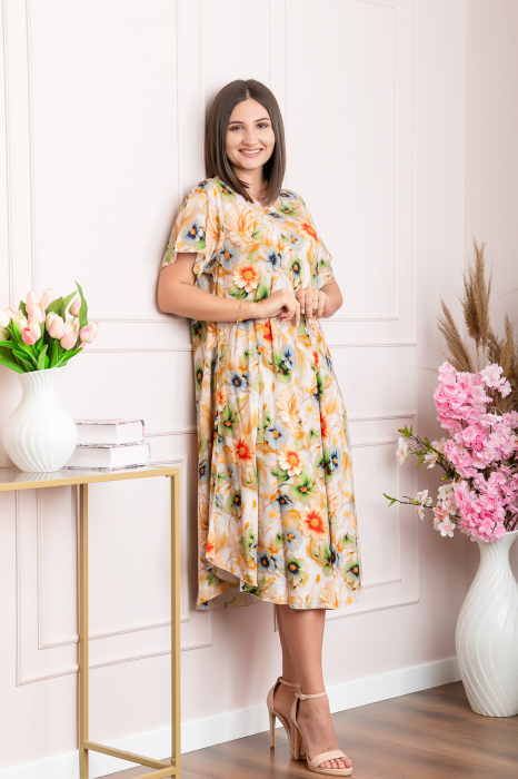 Rochie eleganta Mirabelle cu imprimeu floral - Orange cu verde [3]