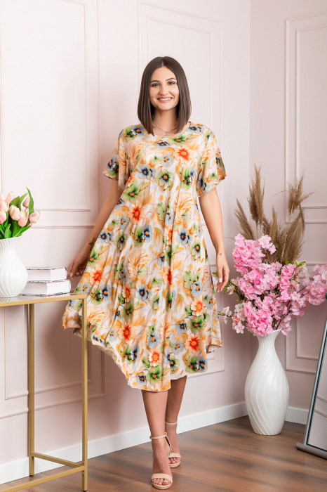 Rochie eleganta Mirabelle cu imprimeu floral - Orange cu verde