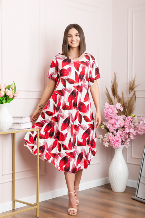 Rochie eleganta Mirabelle cu imprimeu floral - Rosu cu alb