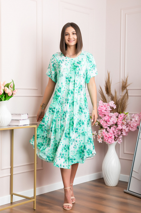 Rochie eleganta Mirabelle cu imprimeu floral - Turcoaz cu alb