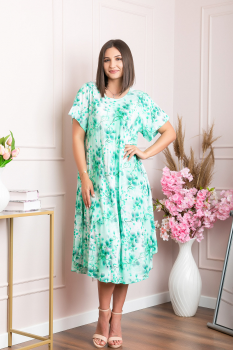 Rochie eleganta Mirabelle cu imprimeu floral - Turcoaz cu alb [4]