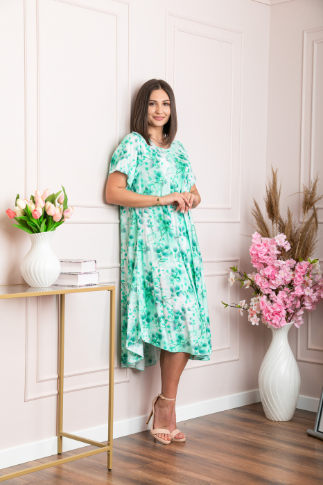 Rochie eleganta Mirabelle cu imprimeu floral - Turcoaz cu alb [3]