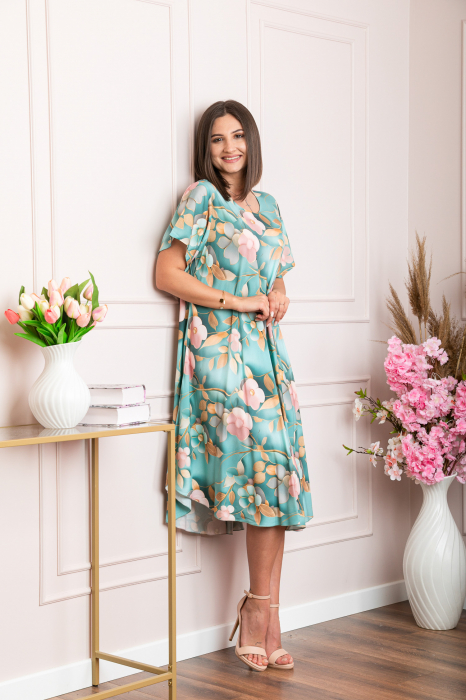 Rochie eleganta Mirabelle cu imprimeu floral - Turcoaz cu auriu [3]