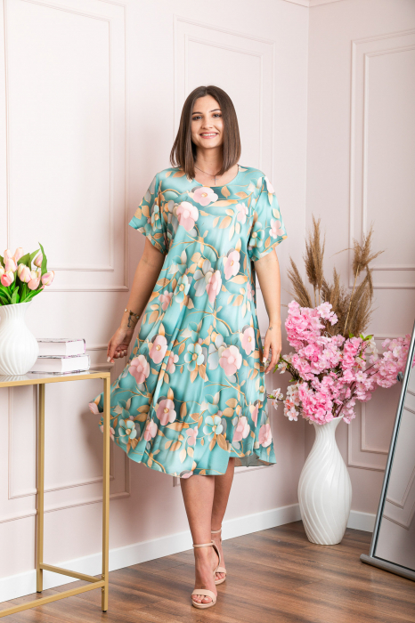 Rochie eleganta Mirabelle cu imprimeu floral - Turcoaz cu auriu