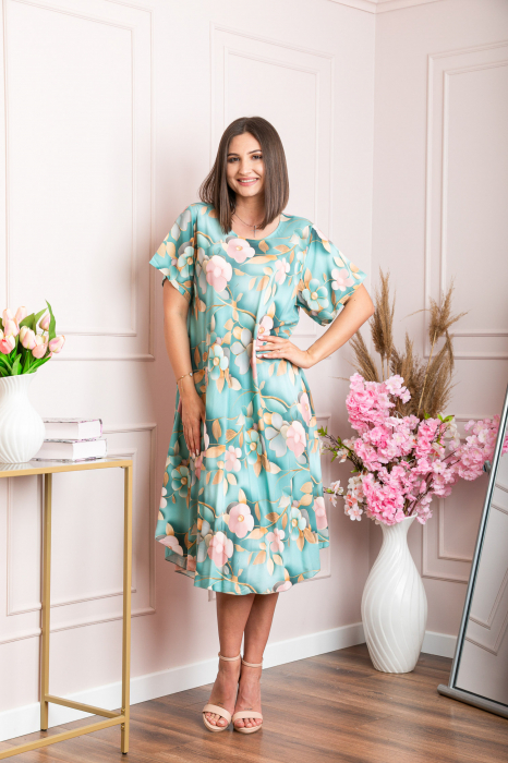 Rochie eleganta Mirabelle cu imprimeu floral - Turcoaz cu auriu [4]