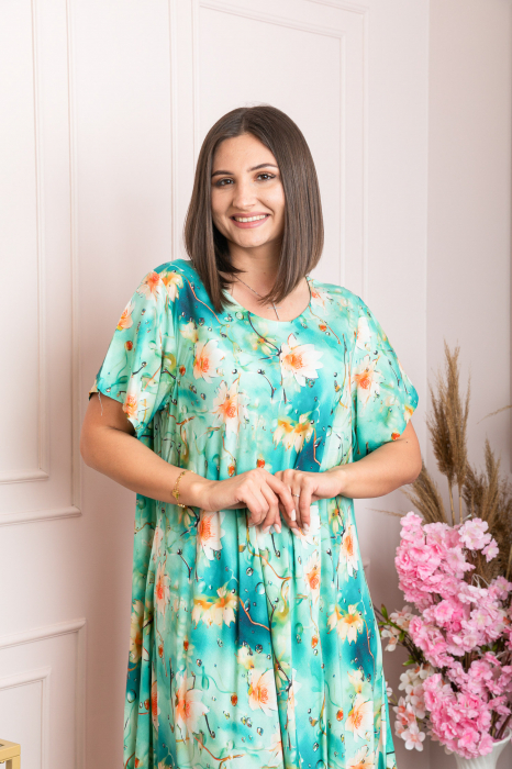 Rochie eleganta Mirabelle cu imprimeu floral - Turcoaz cu orange [2]
