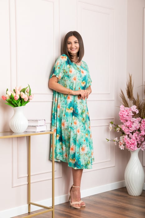 Rochie eleganta Mirabelle cu imprimeu floral - Turcoaz cu orange [3]
