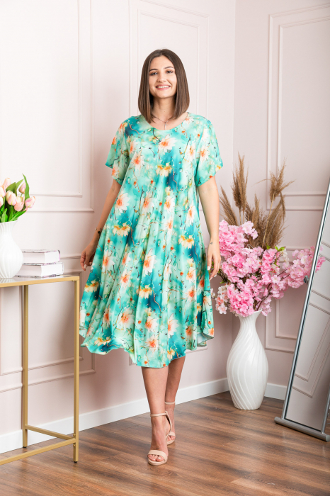 Rochie eleganta Mirabelle cu imprimeu floral - Turcoaz cu orange