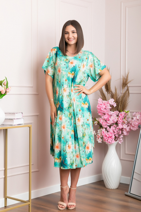 Rochie eleganta Mirabelle cu imprimeu floral - Turcoaz cu orange [4]