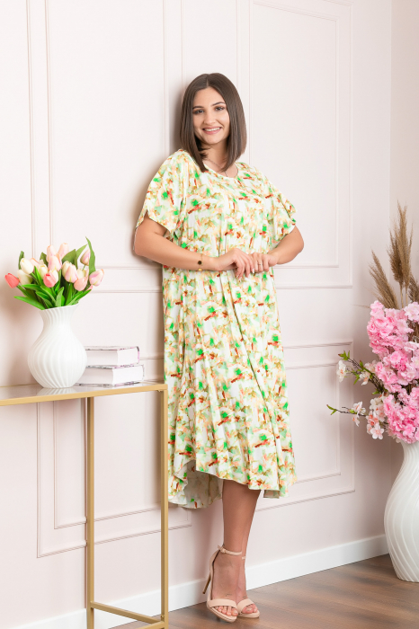 Rochie eleganta Mirabelle cu imprimeu floral - Verde cu alb [3]